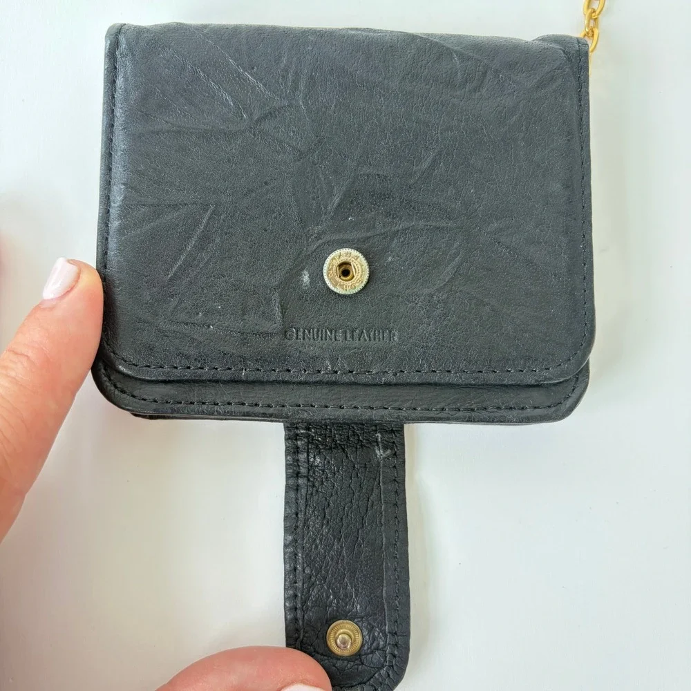Vintage Black Genuine Leather Mini Wallet Keychain ID Window Bifold Coin Purse